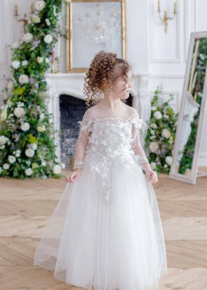 Ivory 3D Flowers Keyhole Back Beaded Flower Girl Dress
